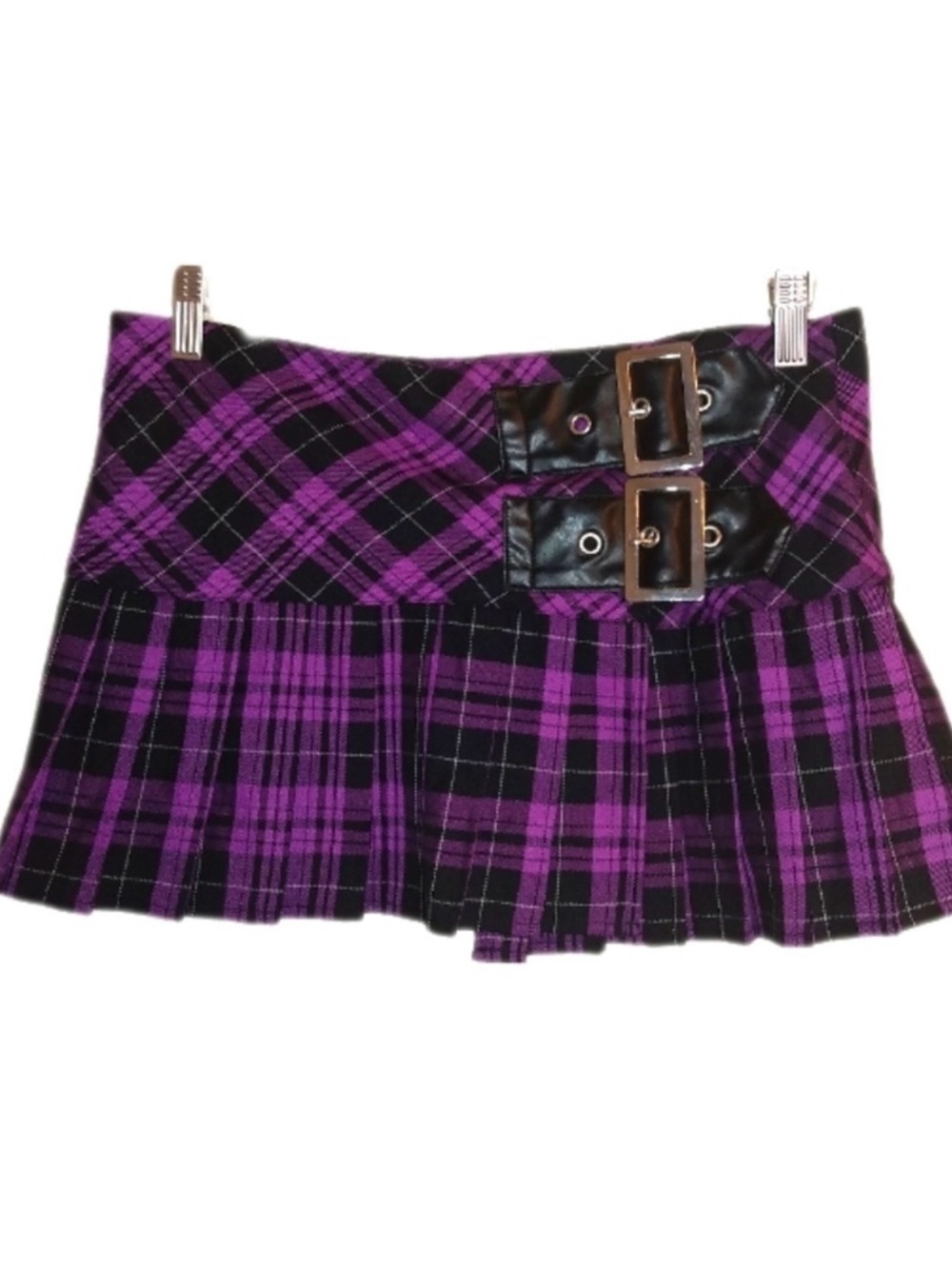Hell Bunny Purple and Black Plaid Pleated Mini Skirt with Buckle Straps